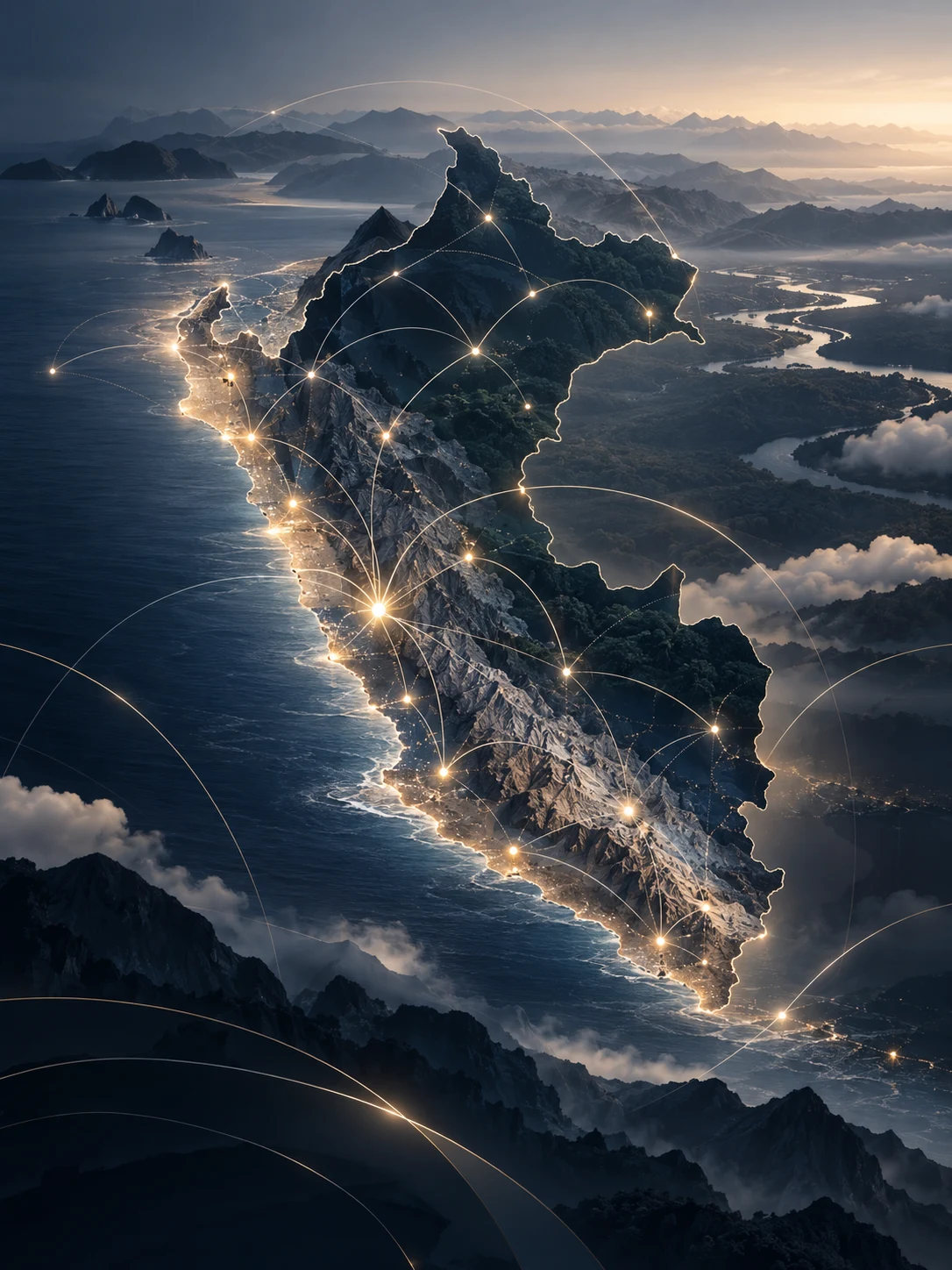 Conexión Perú: mapa del país con una red de conexiones luminosas