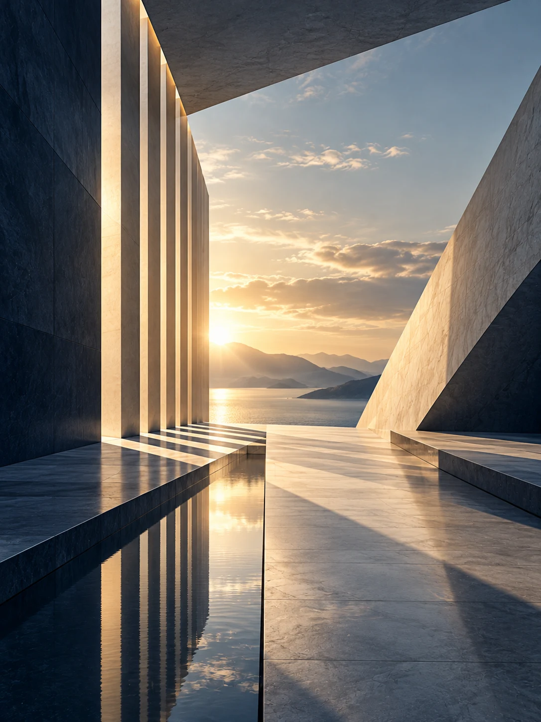 Corredor arquitectónico hacia el mar al amanecer